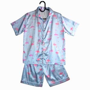 Topgal Satin Pajamas for Girls Two Piece Short Set Sz 12 Blue Pink Flamingos